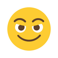 Intriguing yellow smiley face with a slightly raised eyebrow conveying suspicion colorful vector icon