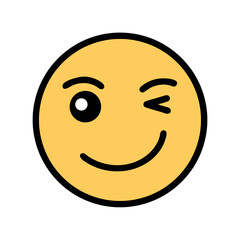 A cartoon yellow winking face with a smile, expressing cheerful emotions colorful vector icon
