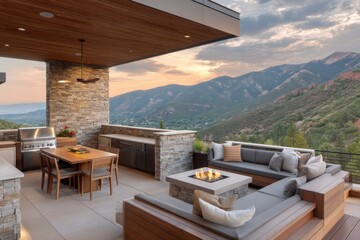 Modern patio with mountain view on white background