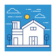 Modern House Line Art with Sun and Clouds Above