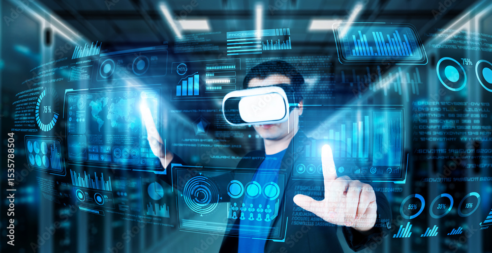 Poster businessman with headset standing at data center while analyzing financial data. manager pointing ma