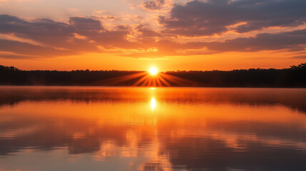 Obraz premium serene sunrise over still lake with orange reflection