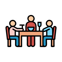 Illustration of people dining together at a table, family dinner time colorful vector icon