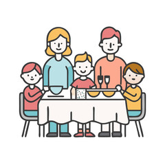 Illustrated family gathered around dining table, enjoying meal together with love colorful vector icon