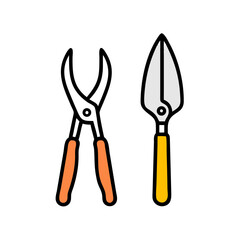 Colorful vector illustration of gardening pruners and a transplanting trowel colorful vector icon