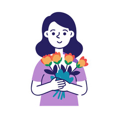 Woman holding a bouquet of flowers, simple cartoon illustration for greeting cards colorful vector icon