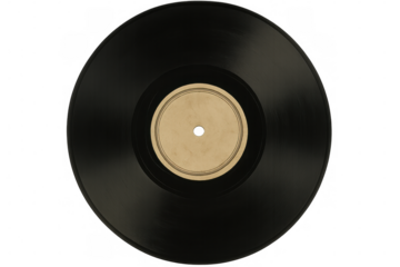 Blank black vinyl record closeup with customizable label, showcasing minimalist design potential against transparent backdrop