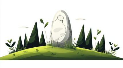 A mystical stone surrounded by green trees, creating a serene landscape that evokes ancient traditions and spirituality.