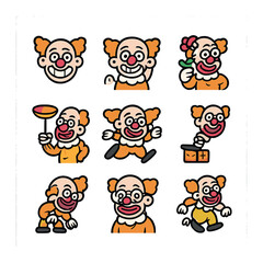Funny Clown Icons. Flat icon set of funny character design: expressive face, silly hair, clown costume,