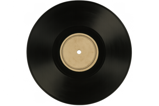 Blank black vinyl record closeup with customizable label, showcasing minimalist design potential against transparent backdrop