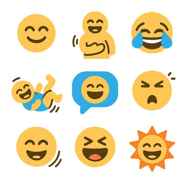 Laughing Emoji Set. Flat icon set of laughing reactions: giggle emoji, belly laugh icon, tears of joy, rolling