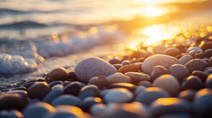 Obraz premium serene sunset beach warm light on smooth pebbles and gentle waves