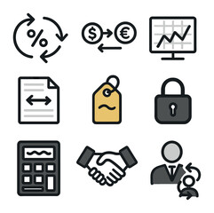 Financial Swaps Icons. Flat icon set of financial swaps: interest swap arrow, currency pair, rate chart, swap
