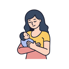 Stylized illustration of a mother holding her newborn baby with love colorful vector icon