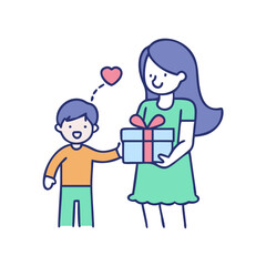 Sweet cartoon illustration of a child giving a gift to their mother colorful vector icon
