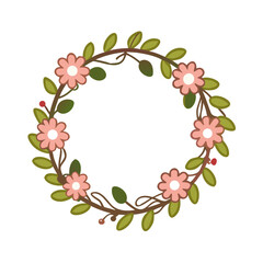 Delicate floral wreath with pale pink flowers and green leaves design colorful vector icon