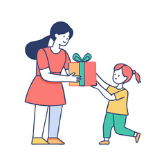 Young girl is giving a brightly colored present to her mother colorful vector icon