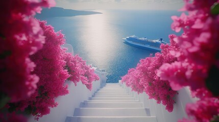 Stunning view of white stairs adorned with vibrant pink bougainvillea, overlooking a serene sea and a cruise ship.