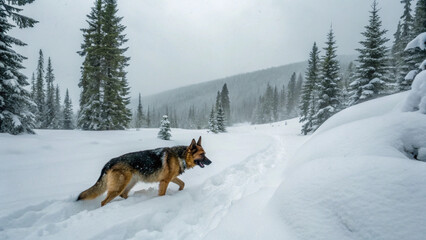  German Shepherd Dog in Winter Snow. Forest, Adventure, Canine, Cold Weather, Nature, and More. Stock Photo
