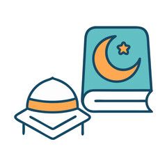 Quran and prayer cap, symbolizing the Islamic faith, culture and tradition colorful vector icon