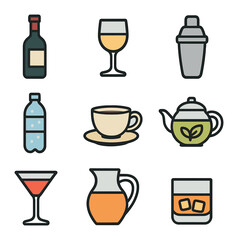 Romantic Dinner Icons. Flat icon set of romantic candlelit dinners: lit candle, wine glasses, rose bouquet,