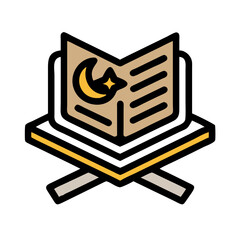 Holy Quran open on wooden stand with crescent moon and star symbol colorful vector icon