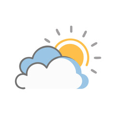 Cartoon style illustration of sun partially obscured by clouds, weather icon colorful vector icon
