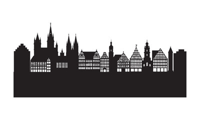 Fototapeta premium Black silhouette of the historic cityscape of quedlinburg germany against a white background