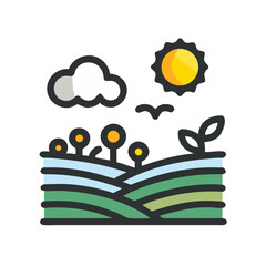 Cartoon illustration of a farm field landscape with sun and clouds colorful vector icon