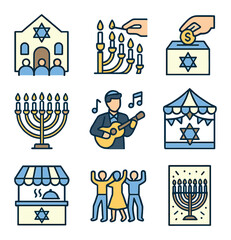 Fototapeta premium Hanukkah Celebration Icons. Flat icon set of Hanukkah celebrations: menorah, dreidel, gelt coins, lit candles,