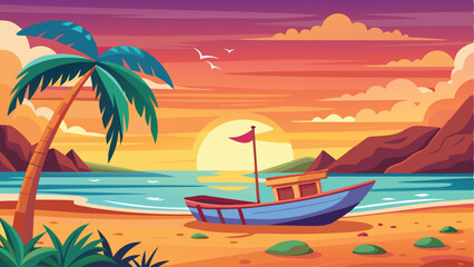 Cartoon Beach Scene Palm Tree, Boat on Sand, Sunset and Distant Mountains