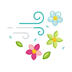 Floral design showing wind blowing flowers and leaves around on white colorful vector icon