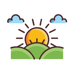 Sunrise landscape with rolling green hills and blue clouds cartoon style colorful vector icon