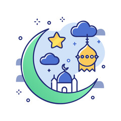 Cartoon style Ramadan Kareem design featuring a moon, star, mosque and lantern colorful vector icon