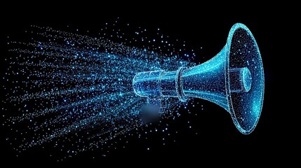 A futuristic digital megaphone emitting particles, symbolizing communication and modern technology.