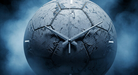 Gray textured soccer ball clock, smoky blue background, representing time, sport, and memory