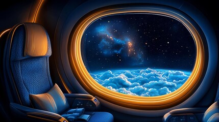 A captivating view from an airplane window showcasing clouds and a starlit sky, inviting adventure and exploration.