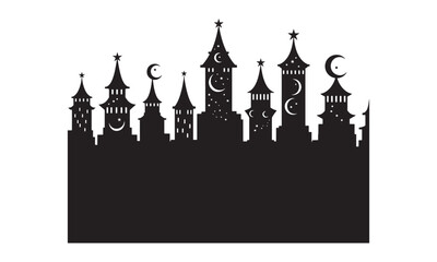 Obraz premium Silhouette illustration of a fantasy skyline with crescent moons and stars decorations.
