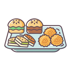 Stylized tray of various Asian pastries and desserts in cartoon style colorful vector icon