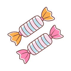 Two cute pastel wrapped candies with pink and orange ribbon ends colorful vector icon