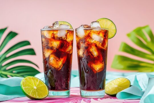 Two vibrant glasses of cola with ice and lime on a tropical table, perfect for summer drink ads, cocktail menus, refreshment campaigns, and beverage branding in warm seasonal themes - Powered by Adobe