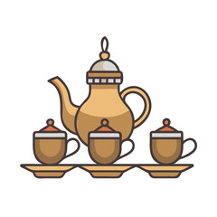 Elegant teapot and teacups with lids set on golden saucers isolated vector colorful vector icon