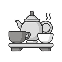 Elegant grey teapot with steaming tea cups, ready for a warm drink colorful vector icon