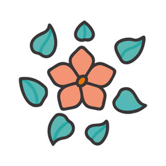 Stylized Peach Blossom with Teal Leaves and Bold Outlines on White colorful vector icon