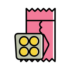 Cartoon illustration of a blister pack of pills or medicine with packaging colorful vector icon