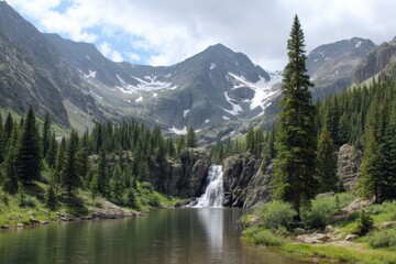 Waterfall mountain landscape scenic view on white background