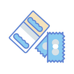 Depiction of a blister pack and some tablets with blue borders and fills colorful vector icon
