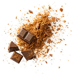 Fototapeta premium Curled milk chocolate shavings with smooth texture scattered on white background