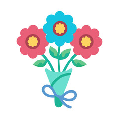 A bouquet of three colorful flowers tied with a simple blue ribbon colorful vector icon