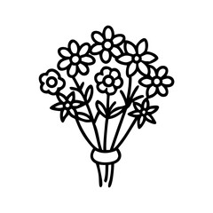 Delicate bouquet of wildflowers in black and white line drawing style colorful vector icon